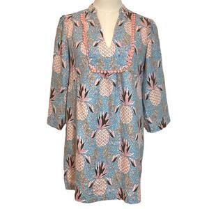 Boden Dress Blue Pink Pineapple Pom Pom Trim V-Neck Soft Linen - 10 Petite